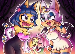 Size: 2800x2000 | Tagged: safe, artist:queueqew, amy rose, rouge the bat, abstract background, animal crossing, ankha, crossover, crossover shipping, group, isabelle, kiss, lesbian, outfit swap, outline, rouge's heart top