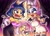 Size: 2800x2000 | Tagged: safe, artist:queueqew, amy rose, rouge the bat, bat, cat, dog, hedgehog, abstract background, animal crossing, ankha, clothes, crossover, crossover shipping, female, group, isabelle, kiss, lesbian, outfit swap, outline, rouge's heart top