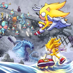 Size: 2000x2000 | Tagged: safe, artist:tighesammy, chaos, perfect chaos, sonic the hedgehog, super sonic, tikal, chao, sonic adventure, abstract background, dark chao, group, hero chao, neutral chao, rain, super form, water
