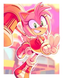 Size: 1200x1467 | Tagged: safe, artist:drawntildawn, amy rose, abstract background, outline, piko piko hammer, v sign