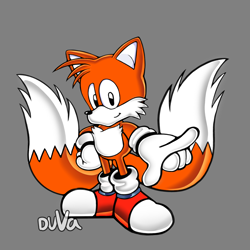 Size: 2048x2048 | Tagged: safe, artist:tailamyfan009, miles "tails" prower, 2025, alternate version, classic tails, grey background, looking at viewer, orange fur, pointing, pointing at viewer, redraw, signature, simple background, smile, solo, uekawa style