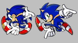 Size: 1919x1078 | Tagged: safe, artist:mercadex_8, sonic the hedgehog, sonic adventure, adventure pose, grey background, looking at viewer, pointing, redraw, reference inset, simple background, smile, solo