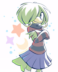 Size: 1280x1600 | Tagged: safe, artist:daycolors, tekno the canary, bird, 2023, abstract background, arms folded, crescent moon, female, hair over one eye, looking at viewer, solo, standing, star (symbol)