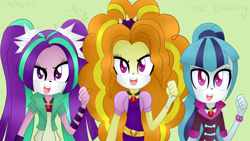 Size: 1280x720 | Tagged: safe, artist:twilightbronie1, 2014, adagio dazzle (mlp), aria blaze, barely sonic related, clenched fist, crossover, green background, looking at viewer, mobianified, mouth open, my little pony, my little pony: rainbow rocks, simple background, smile, sonata dusk, standing, the dazzlings, trio, unknown species