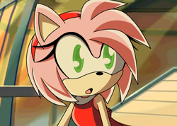 Size: 1008x718 | Tagged: safe, artist:twilightbronie1, amy rose, 2014, looking offscreen, mouth open, redraw, screenshot background, solo, sonic x