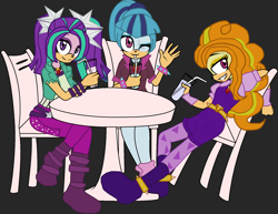 Size: 1842x1422 | Tagged: safe, artist:junethefirecat, 2014, adagio dazzle (mlp), aria blaze, barely sonic related, base used, chair, crossover, cup, drink, drinking, flat colors, grey background, leaning back, looking at viewer, mobianified, my little pony, my little pony: rainbow rocks, simple background, sitting, smile, sonata dusk, straw, table, trio, unknown species, waving, wink