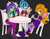 Size: 1842x1422 | Tagged: safe, artist:junethefirecat, 2014, adagio dazzle (mlp), aria blaze, barely sonic related, base used, chair, crossover, cup, drink, drinking, flat colors, grey background, leaning back, looking at viewer, mobianified, my little pony, my little pony: rainbow rocks, simple background, sitting, smile, sonata dusk, straw, table, the dazzlings, trio, unknown species, waving, wink