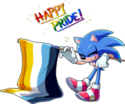 Size: 1843x1531 | Tagged: safe, artist:seventeendeer, sonic the hedgehog, 2025, ace, aro ace pride, aromantic, asexual, blushing, english text, eyes closed, flag, pride, pride flag, simple background, smile, solo, sparkles, standing, transparent background