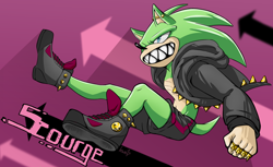 Size: 1024x626 | Tagged: safe, artist:kowoshake, scourge the hedgehog, hedgehog, blue eyes, boots, clothes, green fur, jacket, male, shorts, solo