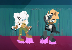 Size: 1499x1034 | Tagged: safe, artist:mallum153, artist:tailsshoes2020, lanolin the sheep, whisper the wolf, sheep, wolf, background, bell, boots, bottomwear, box office bunny, bubblegum, cinema, clock, clothes, curtain, duo, ears, edit, fanart, feet fetish, female, fetish, floor, footwear, gloves, goop, gum, horns, looney tunes, mask, parody, scene, scene interpretation, screencap, shoes, skirt, stepping, sticky, struggle, stuck, tooth, traced, trousers, vest, whisper's mask