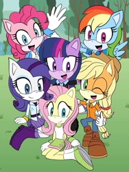 Size: 750x1000 | Tagged: safe, artist:jessie913, 2020, applejack, barely sonic related, clothes, crossover, earth pony, flat colors, fluttershy, group, looking at viewer, mane six (mlp), mobianified, mouth open, my little pony, open smile, pegasus, pinkie pie, pony, rainbow dash, rarity, screenshot background, smile, twilight sparkle, unicorn