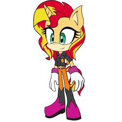 Size: 2100x2100 | Tagged: safe, artist:jessie913, 2021, barely sonic related, clothes, crossover, flat colors, looking offscreen, mobianified, my little pony, pony, simple background, smile, solo, standing, sunset shimmer, unicorn, white background