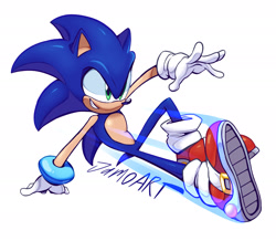 Size: 2179x1900 | Tagged: safe, artist:jamoart, sonic the hedgehog, 2020, clenched teeth, hand on ground, looking offscreen, signature, simple background, sliding, smile, solo, white background