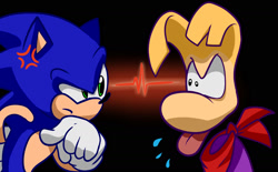 Size: 1756x1090 | Tagged: safe, artist:jamoart, sonic the hedgehog, 2017, black background, cross popping vein, crossover, duo, frown, looking at each other, pointing, rayman, saliva, simple background, tongue out