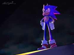 Size: 1024x768 | Tagged: safe, artist:annpluma, sonic the hedgehog, sonic adventure, 2021, abstract background, hands on hips, looking offscreen, redraw, signature, smile, solo, standing, star (sky)
