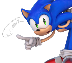 Size: 4000x3500 | Tagged: safe, artist:dokatzo, artist:q--mark, sonic the hedgehog, 2025, 3d, bending over, hands behind back, looking at viewer, mouth open, pointing, signature, simple background, solo, standing, transparent background