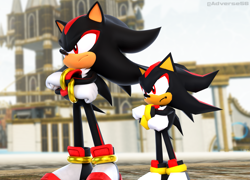 Size: 3003x2160 | Tagged: safe, artist:adverse56, shadow the hedgehog, sonic x shadow generations, 2025, 3d, abstract background, arms folded, classic shadow, crown, duo, looking offscreen, low poly, nike mouth, self paradox, white space