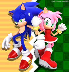 Size: 2028x2140 | Tagged: safe, artist:adverse56, amy rose, sonic the hedgehog, 2024, 3d, abstract background, duo, frown, lidded eyes, linking arms, looking at viewer, looking away, looking offscreen, lovely couple, redraw, signature, smile, sonic advance 3, sweatdrop