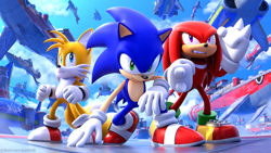 Size: 3840x2160 | Tagged: safe, artist:adverse56, knuckles the echidna, miles "tails" prower, sonic the hedgehog, sonic heroes, abstract background, clenched fists, clenched teeth, daytime, egg fleet, frown, hand on ground, looking at viewer, looking up, outdoors, redraw, standing, team sonic, trio