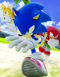 Size: 3840x4920 | Tagged: safe, artist:gameguybenn, artist:hunicrio, artist:sasuke-bby, artist:sonicfanpepakura, knuckles the echidna, miles "tails" prower, sonic the hedgehog, sonic heroes, 2024, 3d, abstract background, clouds, daytime, grass, looking ahead, looking offscreen, outdoors, redraw, running, sand, seaside hill, team sonic, trio