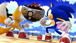 Size: 3840x2160 | Tagged: safe, artist:gameguybenn, artist:hunicrio, artist:leymi-lopez, artist:telespentry, miles "tails" prower, robotnik, sonic the hedgehog, human, sonic adventure, 2024, 3d, abstract background, chaos emerald, clenched fists, clenched teeth, clouds, daytime, eggmobile, fence, fighting pose, frown, holding something, looking at each other, mystic ruins, outdoors, pointing, posing, redraw, smile, standing, tree, trio