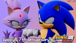 Size: 3840x2160 | Tagged: safe, artist:hunicrio, blaze the cat, sonic the hedgehog, 2022, 3d, anniversary, duo, english text, fistbump, gradient background, hand on hip, logo, looking at each other, mouth open, open smile, signature, smile, sonic rush, standing