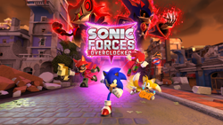 Size: 4138x2328 | Tagged: safe, artist:tbsf-yt, gadget the wolf, infinite the jackal, metal sonic, miles "tails" prower, neo metal sonic, sonic the hedgehog, sonic forces, 2023, 3d, abstract background, black sclera, clenched teeth, fangame, flying, frown, group, infinite's mask, looking at them, looking at viewer, looking offscreen, mid-air, miles electric, mouth open, phantom ruby, robot, running, smile, sonic forces overclocked, spinning tails, wallpaper, wispon