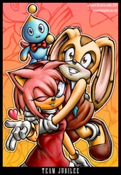 Size: 443x640 | Tagged: safe, artist:funkyalien, amy rose, cheese (chao), cream the rabbit, chao, 2005, abstract background, echo background, english text, heart, hugging, looking at viewer, neutral chao, outline, signature, smile, sonic advance 3, team jubilee, trio, wink