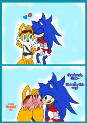 Size: 1928x2717 | Tagged: safe, artist:cualquierpersona, miles "tails" prower, sonic the hedgehog, 2020, :|, age difference, blue background, clothes, comic, dialogue, duo, embarrassed, english text, eyes closed, female, flat colors, gender swap, half r63 shipping, heart, hiding, kiss on head, looking at them, male, outline, shipping, simple background, sonic boom (tv), sonic x tails, standing, straight