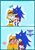 Size: 1928x2717 | Tagged: safe, artist:cualquierpersona, miles "tails" prower, sonic the hedgehog, 2020, :|, age difference, blue background, clothes, comic, dialogue, duo, embarrassed, english text, eyes closed, female, flat colors, gender swap, half r63 shipping, heart, hiding, kiss on head, looking at them, male, outline, shipping, simple background, sonic boom (tv), sonic x tails, standing, straight