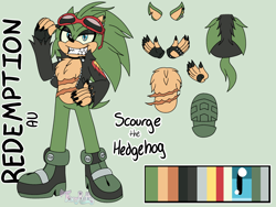 Size: 1600x1200 | Tagged: safe, artist:vixieashes, scourge the hedgehog, hedgehog, blue eyes, character name, character sheet, fingerless gloves, flat colors, glasses, glasses on head, green background, green fur, jacket, male, piercings, shoes, simple background, solo, sunglasses