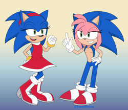 Size: 1672x1439 | Tagged: safe, artist:lunarozza, amy rose, sonic the hedgehog, amy's halterneck dress, crossdressing, duo, flat colors, gradient background, kigurumi, looking at each other, outfit swap, smile