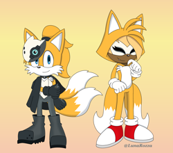 Size: 1670x1470 | Tagged: safe, artist:lunarozza, miles "tails" prower, whisper the wolf, duo, gradient background, kigurumi, one fang, outfit swap, smile, whisper's mask