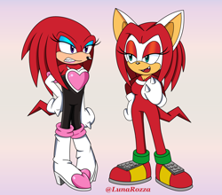 Size: 1670x1470 | Tagged: safe, artist:lunarozza, knuckles the echidna, rouge the bat, crossdressing, duo, fangs, gradient background, kigurumi, outfit swap, rouge's heart top, signature