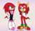 Size: 1670x1470 | Tagged: safe, artist:lunarozza, knuckles the echidna, rouge the bat, crossdressing, duo, fangs, gradient background, kigurumi, outfit swap, rouge's heart top, signature