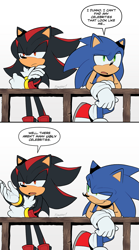 Size: 939x1691 | Tagged: safe, artist:scourgefrontier, shadow the hedgehog, sonic the hedgehog, 2025, dialogue, duo, english text, fence, flat colors, gay, grey background, shadow x sonic, shipping, signature, simple background, speech bubble