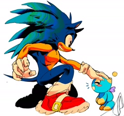 Size: 2048x1908 | Tagged: safe, artist:deadeery, sonic the hedgehog, chao, 2025, blushing, crouching, duo, eyes closed, looking at them, neutral chao, petting, simple background, smile, top surgery scars, trans male, transgender, white background