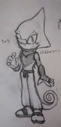 Size: 1476x3072 | Tagged: safe, artist:shadpiokisses, espio the chameleon, 2025, clothes, eyelashes, fingerless gloves, freckles, frown, line art, looking at viewer, monochrome, pencilwork, simple background, solo, traditional media