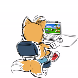 Size: 2048x2048 | Tagged: safe, artist:chuelectrico20, miles "tails" prower, chao, sonic adventure 2, 2025, chair, chao fruit, chao garden, computer, dark chao, desk, flat colors, gaming, looking at something, neutral chao, simple background, sitting, sketch, solo, tree, white background