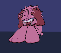 Size: 961x833 | Tagged: safe, artist:amyrosedaily, amy rose, 2025, abstract background, barefoot, crying, floppy ears, frown, gloves off, indoors, looking down, nighttime, paws, sad, shoes off, shrunken pupils, sitting, solo, sweatdrop, tears, tears of sadness