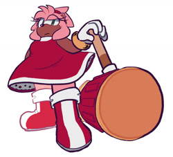 Size: 1634x1483 | Tagged: safe, artist:amyrosedaily, amy rose, 2025, flat colors, frown, holding something, looking at viewer, piko piko hammer, simple background, solo, standing, white background