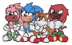 Size: 2048x1281 | Tagged: safe, artist:amyrosedaily, amy rose, knuckles the echidna, miles "tails" prower, sonic the hedgehog, 2025, bleeding, blood, classic amy, classic knuckles, classic sonic, classic tails, cute, flat colors, frown, group, injured, looking up, pout, scar, simple background, team sonic, white background