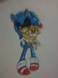 Size: 720x960 | Tagged: safe, artist:tairusuku, tails doll, oc, oc:sonic.exe, 2013, black sclera, bleeding, bleeding from eyes, blood, blushing, clenched teeth, cute, duo, floppy ears, frown, hugging, smile, tails dollbetes, traditional media