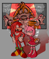 Size: 900x1080 | Tagged: safe, artist:tairusuku, amy rose, knuckles the echidna, miles "tails" prower, 2025, abstract background, cross popping vein, deviantart watermark, dialogue, english text, looking at each other, looking offscreen, obtrusive watermark, redraw, sketch, sparkles, standing, trio, watermark