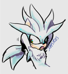 Size: 531x580 | Tagged: safe, artist:jokesitos-art, artist:tairusuku, silver the hedgehog, 2020, grey background, hair up, looking at something, ponytail, signature, simple background, solo, tongue out