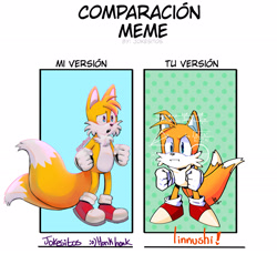 Size: 2048x1876 | Tagged: safe, artist:jokesitos-art, artist:linnushi, artist:tairusuku, miles "tails" prower, 2020, comparison meme, duality, meme, solo, spanish text, style comparison
