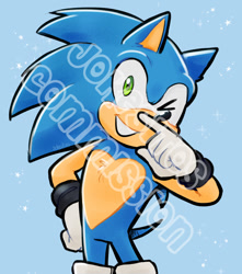 Size: 706x800 | Tagged: safe, artist:jokesitos-art, artist:tairusuku, sonic the hedgehog, 2021, alternate universe, au:resonance, blue background, chest fluff, eyelashes, finger under nose, hand on hip, heart chest, looking at viewer, nonbinary, obtrusive watermark, one eye closed, simple background, smile, solo, solo nonbinary, standing, watermark