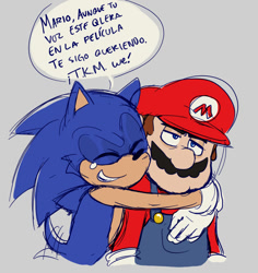 Size: 952x1008 | Tagged: safe, artist:jokesitos-art, artist:tairusuku, 2022, cheek fluff, crossover, dialogue, duo, eyes closed, flat colors, grey background, happy, hugging, lidded eyes, mario, simple background, sketch, smile, spanish text, speech bubble, tears, tears of happiness, wagging tail