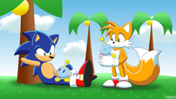Size: 3840x2160 | Tagged: safe, artist:travisthedragon00, miles "tails" prower, sonic the hedgehog, chao, 2024, abstract background, carrying them, chao fruit, chao garden, clouds, daytime, grass, group, holding them, looking at each other, looking at them, neutral chao, outdoors, signature, sitting, smile, standing, tree