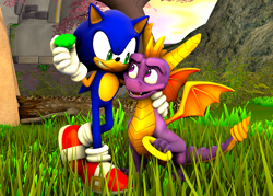 Size: 3016x2160 | Tagged: safe, artist:evilthesackboy, sonic the hedgehog, 2025, 3d, abstract background, arm around shoulders, crossover, duo, gem, grass, holding something, looking at each other, outdoors, ring, sfm, spyro (series), spyro the dragon, standing, tree